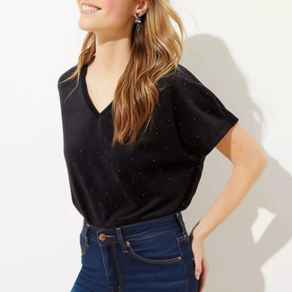 Ann Taylor LOFT Black Blouse Sz Small Velvet Top Sparkle Studs V Neck NWT $ 44